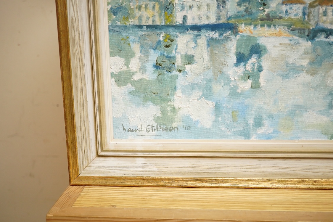 David Stileman (20th. C), harbour view with houses, signed and dated 1970, oil on canvas, 37 x 44cm